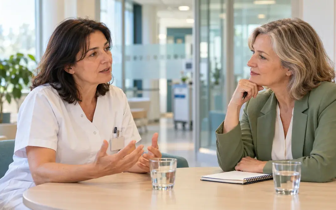 Une cadre de santé échange avec une coach lors d’un entretien d’accompagnement.