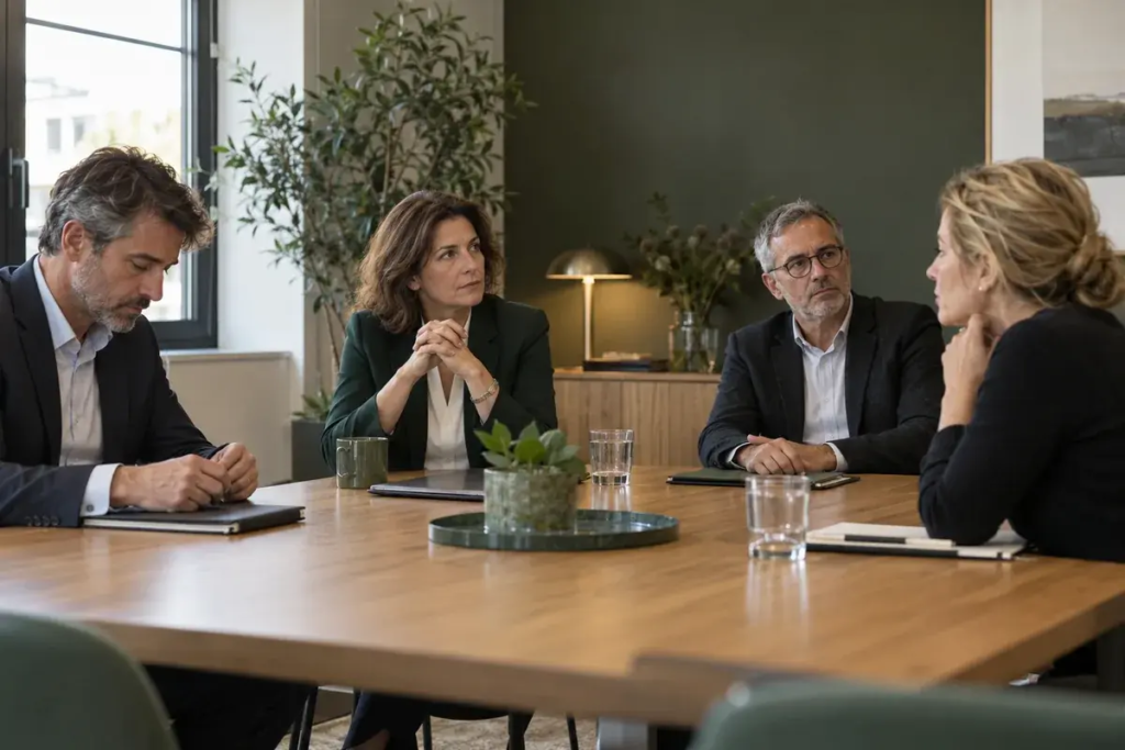Quatre membres d’un comité de direction dans un moment de silence lors d’une réunion.