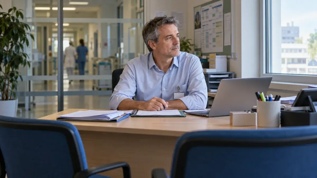 Un manager du soin prend un moment de recul, seul dans son bureau à l’hôpital.